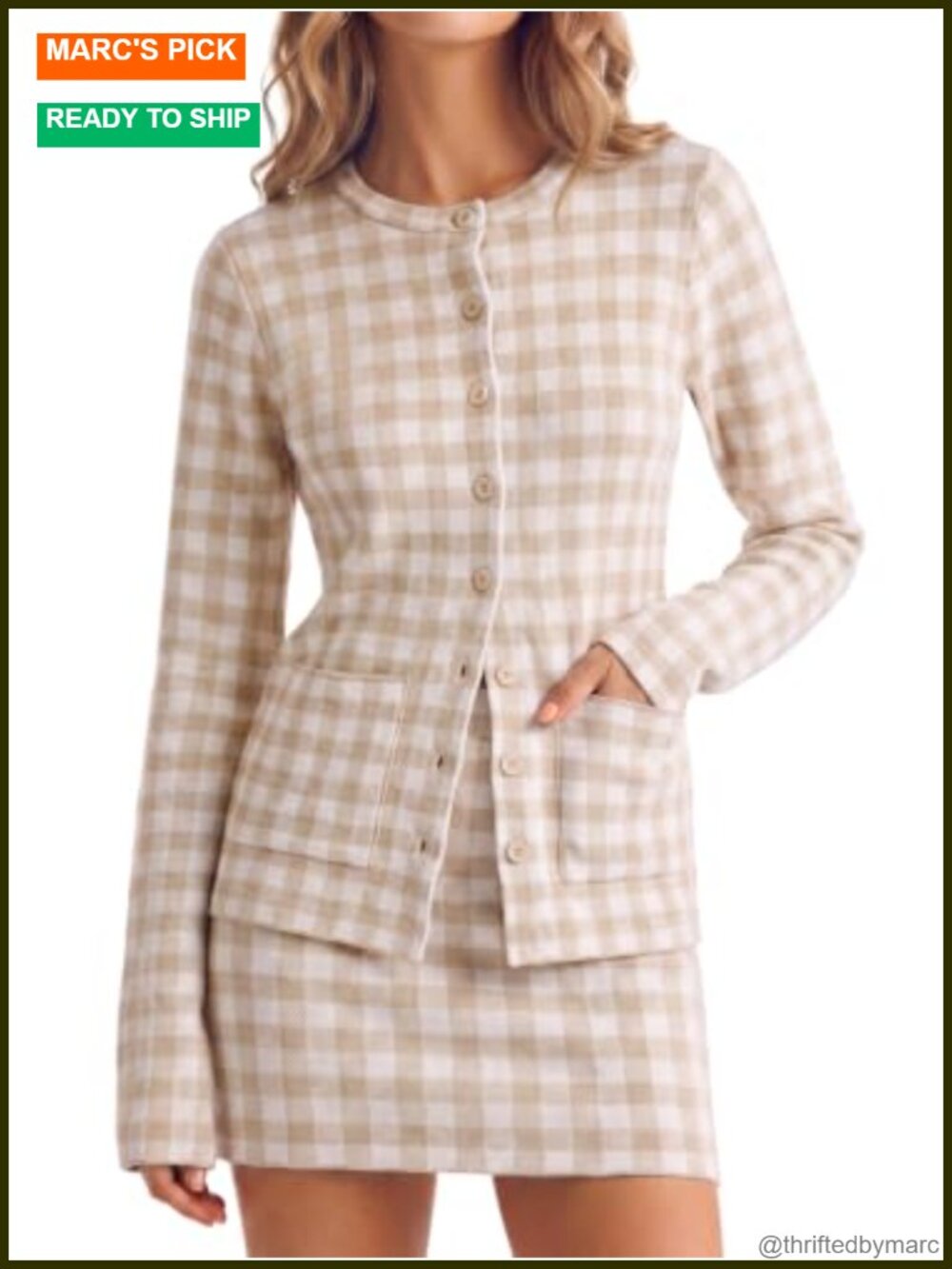 Womens 2 Piece Gingham Cardigan & Skirt Set Bodycon Lounge Outfit Button Front